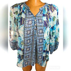 FIGUEROA & FLOWER BLUE FLORAL SHEER BLOUSE 3/4 SLEEVE